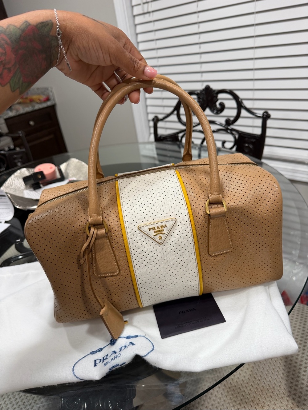 Prada Beige and White Perforated Leather Satchel with Yellow Trim